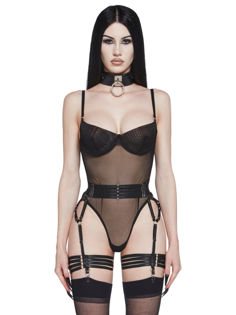 Sheer Black Garter Bodysuit with Attached Straps